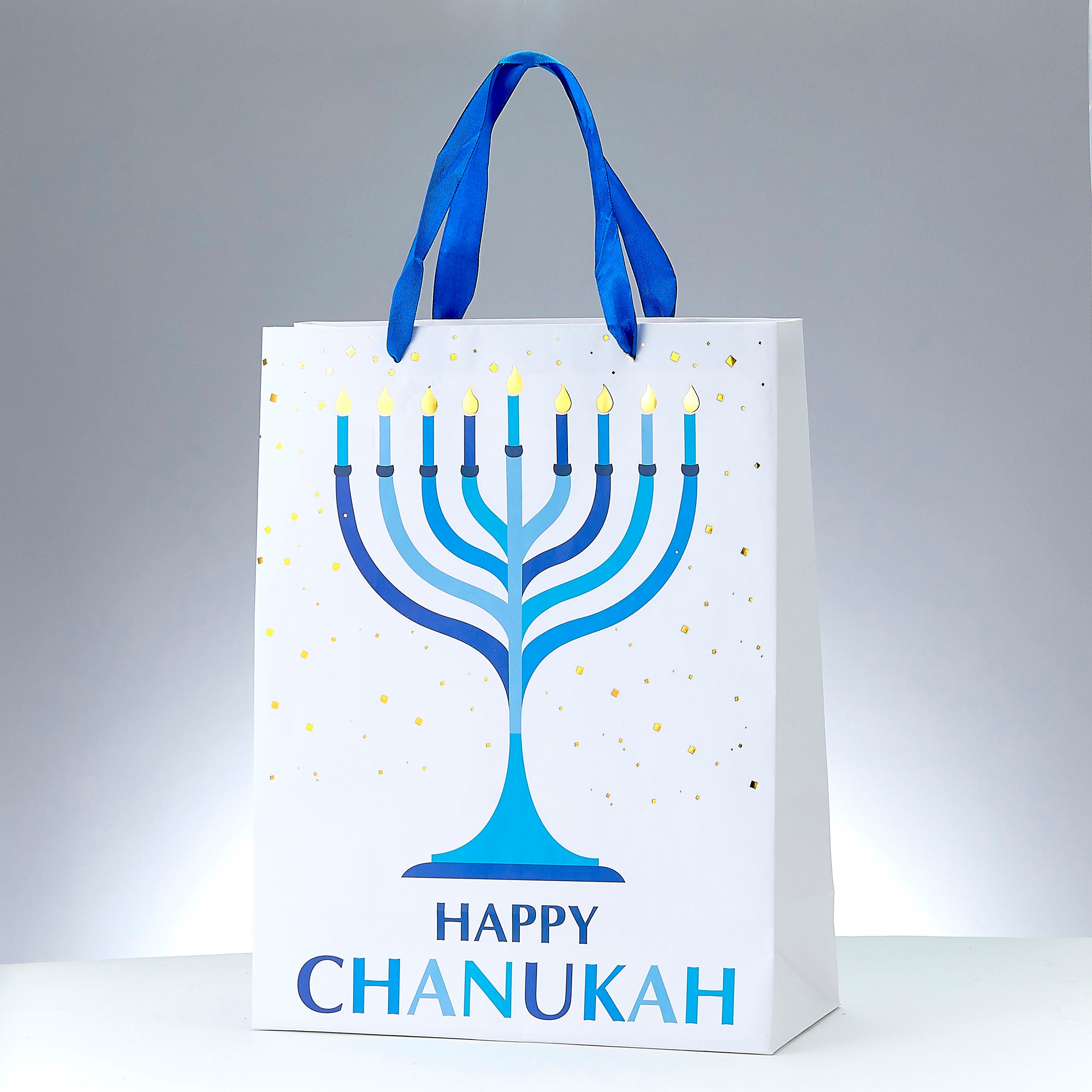 CHANUKAH GIFT BAG, BLUE/GOLD, FOIL ACCENTS, 13", TAG