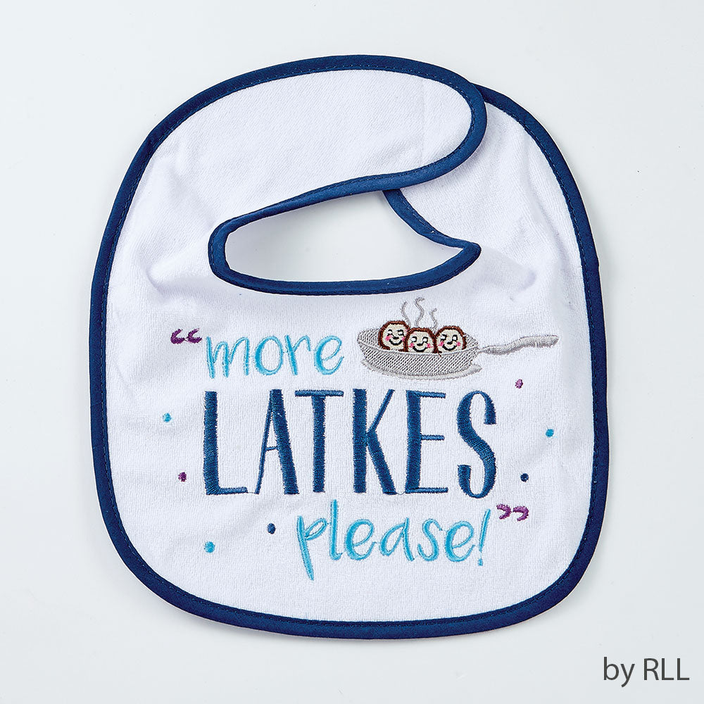 CHANUKAH BIB, "MORE LATKES PLEASE", COTT/POLY,9"x11", CARD
