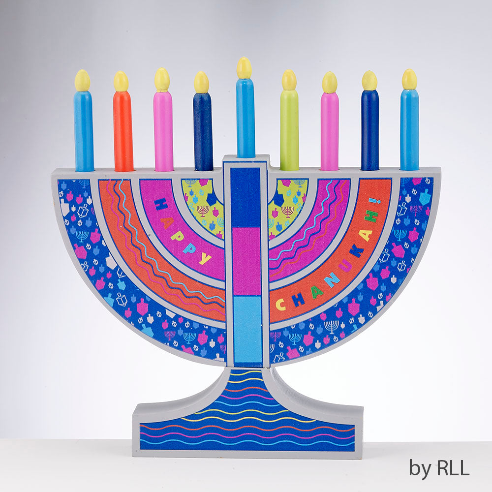MY PLAY WOOD MENORAH,W/ REMOVABLE WOOD CANDLES, 8.5"x8",COLOR BOX