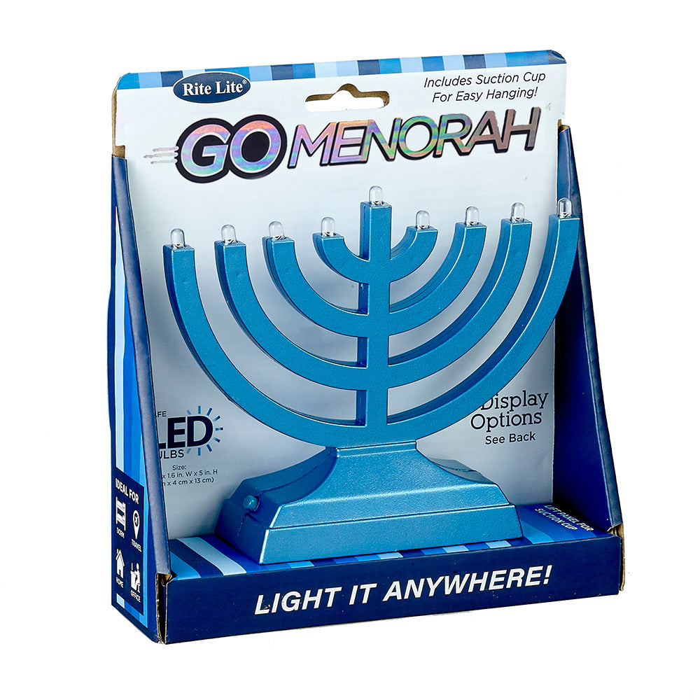 "GO MENORAH"-TM ,LED, BATTERY/USB,METALLIC BLUE,6" X 5", COLR BOX